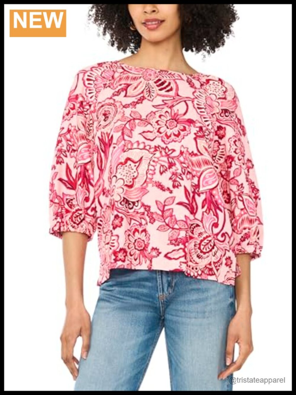 100% Polyester Raglan Puff 3/4 Sleeve Blouse Floral Square Neck